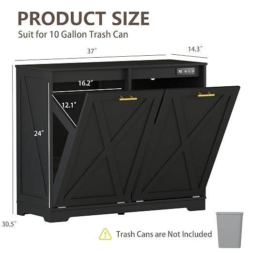 Double Tilt Out Trash Can Cabinet, Wooden Farmhouse Kitchen Garbage Bin Enclosure with Negative Ion Odor Control, Hidden Dog Proof Trash or Laundry Basket Storage for Laundry Room, Black