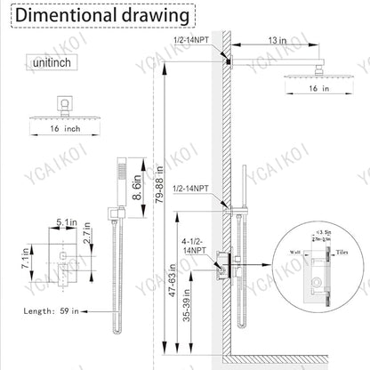 Shower Faucet Set 16 Inch Wall Mount Rain Shower System, All Metal Shower Fixtures - Matte Black