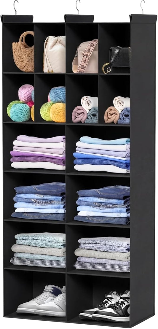 Ofiray-home 6 Tier Hanging Closet Organizer, 16 Compartments Sweater Organizer for Closet with 3 Sturdy Hooks, Closet Organizers and Storage, Wardrobe, Rv, Garment Rack, Black