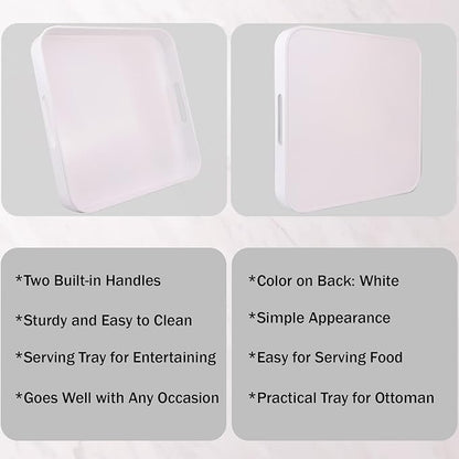Square White Decorative Serving Tray with Handles, Versatile Ottoman Tray for Coffee Table, Entertaining, Outdoor Patio, Living Room, 13”*13”*1.6”