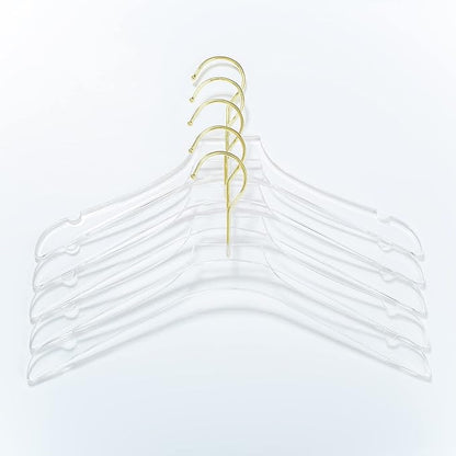 HomeCube USA Clear Acrylic Clothes Hanger with Gold Hooks – Heavy Duty Lucite Closet Organizer, Elegant & Sturdy for Shirts, Dresses, Coats, Suits & Boutique Use (5, Large 17")