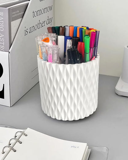 Rotating Pen Holder for Desk, 5 Slots Unique White Desk Organizer Easthetic Desktop Supplies and Accessories for Women Girls, Pencil Cup Caddy for Office Home Art Supply