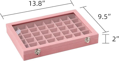 Frebeauty 48 Grid Jewelry Tray,Adjustable Earring Holder Organizer with Glass Lid,Velvet Drawer Jewelry Organizer for Rings,Studs,13.8 x 9.5 x 2 Inches Jewelry Display Box,Gift for Women(Pink)