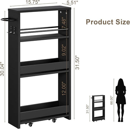 ChooChoo 4-Tier Slim Storage Cart with Handle, 5.51" W Rolling Utility Cart on Universal Wheels, Kitchen Cart Mobile Shelving Organization for Laundry Room, Bathroom & Narrow Places, Black