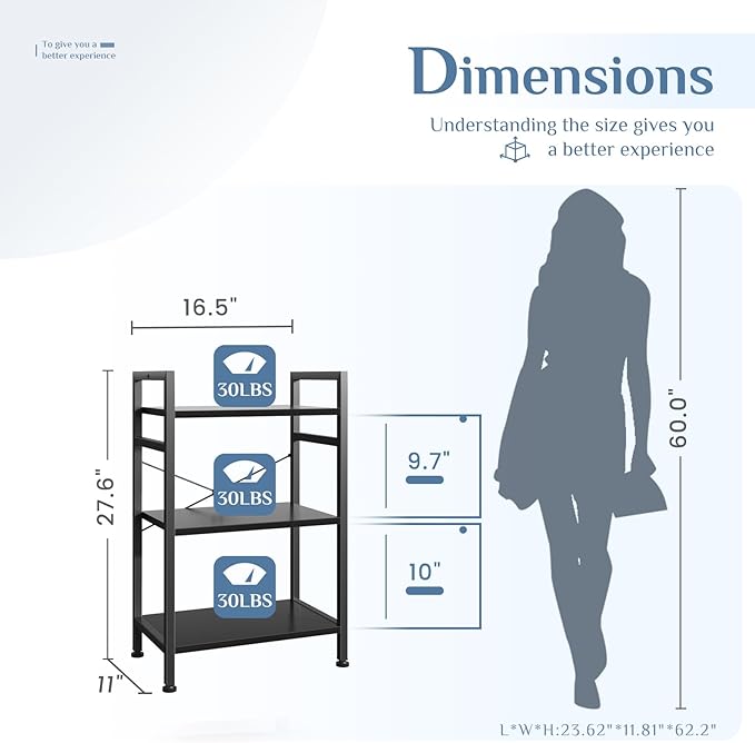 DUMOS 3 Tiers Bookshelf, Classical Book Shelf, Tall Display Shelves in Living Room/Home/Office, Storage Organizer for CDs/Books/Movies, Black