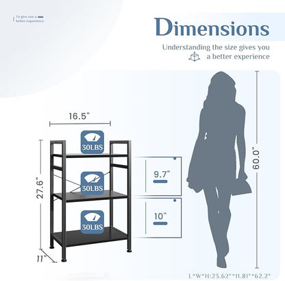 DUMOS 3 Tiers Bookshelf, Classical Book Shelf, Tall Display Shelves in Living Room/Home/Office, Storage Organizer for CDs/Books/Movies, Black
