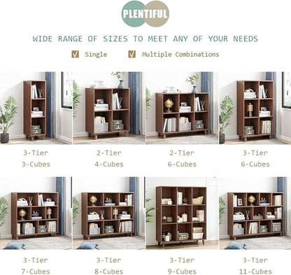 IOTXY Open Cube Low Bookcase - 3-Tier Freestanding Storage Display Cabinet Organizer with Legs for Home Office, 9-Cubes Open Shelf Short Bookshelf, Walnut