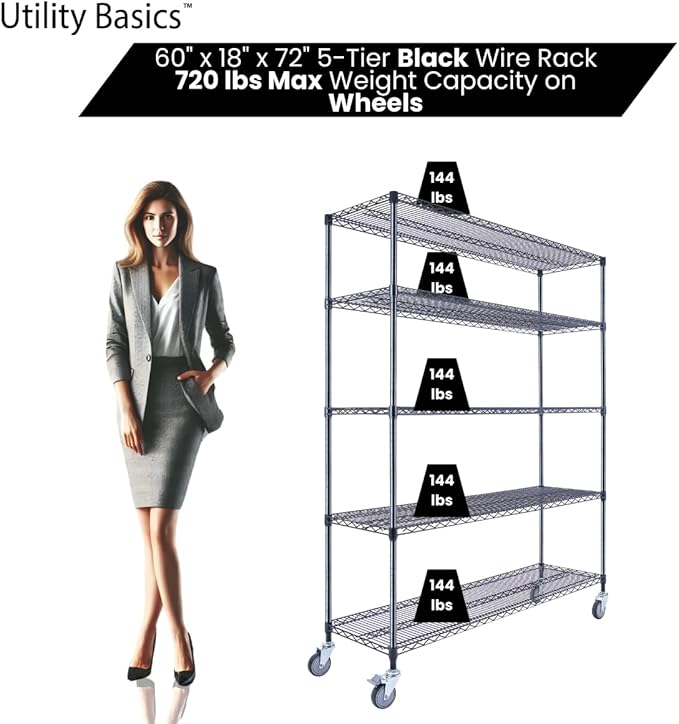 Utility Basics NSF Commercial 5-Tier Wire Shelving with Wheels, 60"x18"x72" Heavy Duty Metal Shelves 4000 lbs Max Capacity, Black Storage Rack for Garage Kitchen Pantry Warehouse