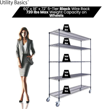 Utility Basics NSF Commercial 5-Tier Wire Shelving with Wheels, 60"x18"x72" Heavy Duty Metal Shelves 4000 lbs Max Capacity, Black Storage Rack for Garage Kitchen Pantry Warehouse