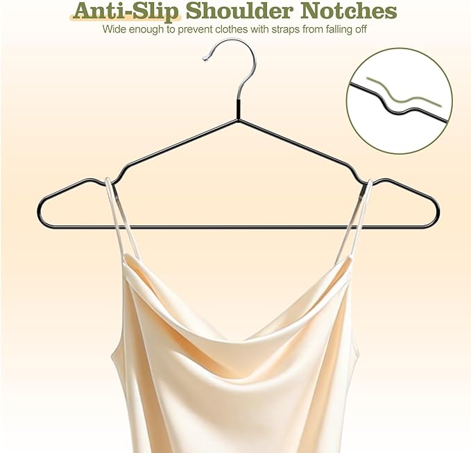 16 Inch Black Rubber Coated Metal Hangers 50 Pack with Shoulder Notches, Heavy Duty, Non-Slip, Space Saving Closet Organizer for Suit, Shirt, Coat, Dress, Camisole, Pants