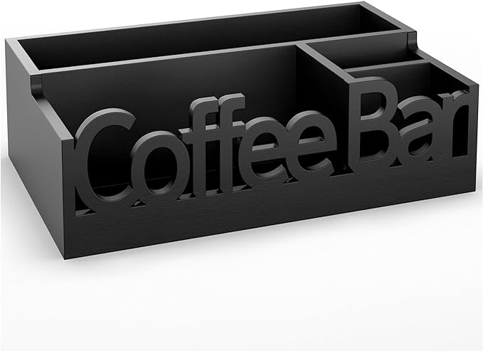 Coffee Bar Organizer for Countertop – Wooden Coffee Caddy with Compartments for Pods, Sugar Packets, and Accessories – Coffee Condiment Station Storage for Home and Office (Black)
