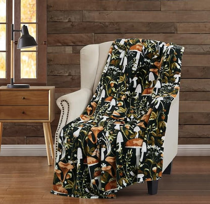Serafina Home Mushroom Fleece Throw Blanket: Floral Forest Black Brown Beige and White, 50" x 70"
