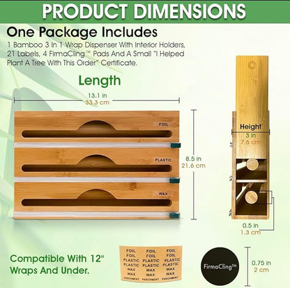 3-in-1 Bamboo Wrap Organizer with Cutters, Labels, Interior Holders, Anti-Slip Pads - Kitchen Drawer, Pantry, Storage for Plastic Wrap, Aluminum Foil, Wax Paper, Kitchen Storage, 12" Roll Holder