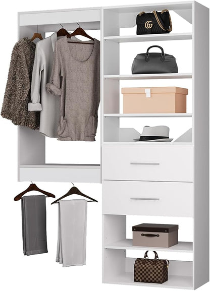ROOMTEC Modular Closet System, 67" Wall Mounted Closet Organizer with Hanging Rods and Drawers, Wooden Tower for Walk-In Closets, Wardrobe Storage Kit, White