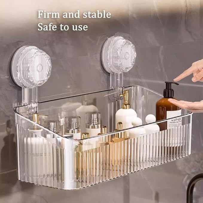 No-Drill Bathroom Storage Suction Cup Storage Box, Removable, Freely Adjustable Vacuum Suction Cup Storage Box, Large Capacity & Strong Load-Bearing, Hanging Shower Organizer (Transparent)