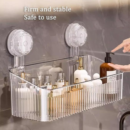 No-Drill Bathroom Storage Suction Cup Storage Box, Removable, Freely Adjustable Vacuum Suction Cup Storage Box, Large Capacity & Strong Load-Bearing, Hanging Shower Organizer (Transparent)