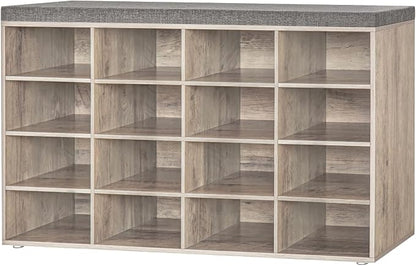 DINZI LVJ Shoe Storage Bench with Cushion, 16-Cubby Shoe Rack, Adjustable Shelves, Multifunctional Shoe Organizer Bench for Entryway, Mudroom, Hallway, Living Room, Bedroom and Garage, Greige