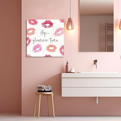 Pink Preppy Wall Decor Red Lip Canvas Wall Art Sexy Lips Painting Inspirational Quote Wall Art Kiss Posters for Bedroom Bathroom Makeup Room Decor 12x12Inch