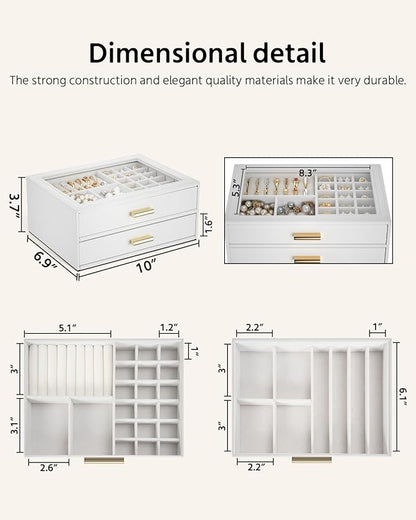 AKOZLIN Jewelry Box with Clear Lid Functional Leather Jewelry Storage Organizer Case 2 Drawers for Women Girls Necklace Ring Bracelet Earring