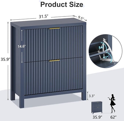 Shoe Cabinet Storage for Entryway, Fluted Shoe Cabinet with 2 Flip Drawers, Hidden Shoe Rack Tall Freestanding Shoe Organizer with Legs for Hallway, Blue