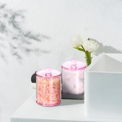 XIPENGKEJI 4 Pack Qtip Holder,Canister Apothecary Jar Set, Bathroom Jars with Lids Set for Cotton Swabs, Balls, Pads, Floss Picks,10oz-12oz Plastic Canisters Restroom Bedroom Vanity Organizer(Pink)