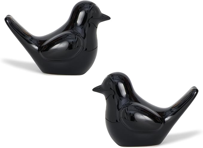 Artconal Small Black Bird Statue Ceramic 2-Piece Set, 4½ inch Cute Knick Knack for Home Office Shelf Desk Decor