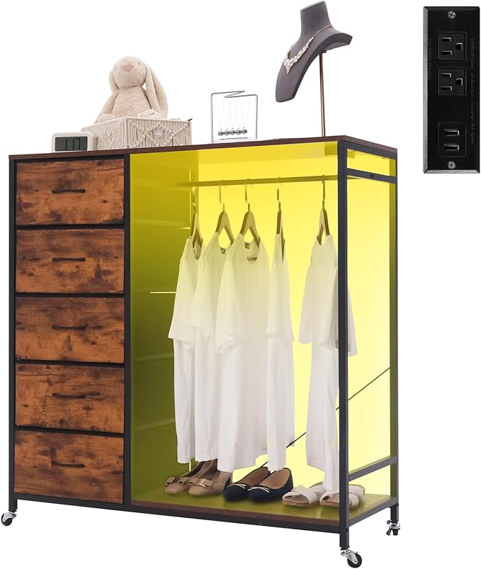 Dresser for Bedroom with Clothes Rack, Hanging Rack, 5 Drawers Dresser with Charging Station & LED Lights for Living Room, Chest of Drawers with Rolling Wheels for Closet, Entryway, Brown