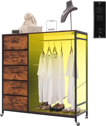 Dresser for Bedroom with Clothes Rack, Hanging Rack, 5 Drawers Dresser with Charging Station & LED Lights for Living Room, Chest of Drawers with Rolling Wheels for Closet, Entryway, Brown