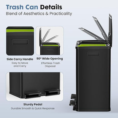DUMOS Kitchen Double Trash Can, 2x8-Gallon Dual Trash Can with Lid, Stainless Steel Garbage Bin with 2 Removable Inner Buckets, Soft-Close Foot Pedal for Kitchen, Home, Office, Matte Black