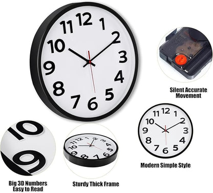 Keepcross 14 Inch Wall Clock Battery Operated Silent Non-Ticking, 3D Big Numbers Easy to Read, Analog Quartz Round Clock