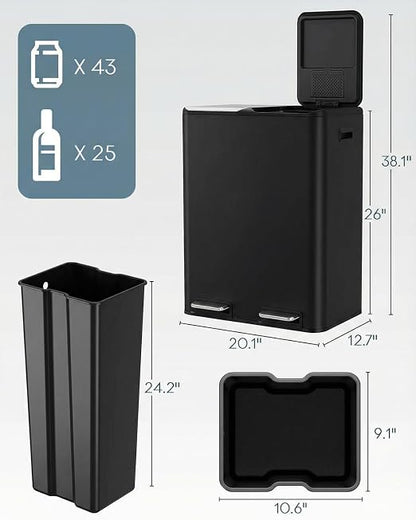 ComfyCorner 16 Gal (2 x 30 L) Dual Trash Can, Stainless Steel Kitchen Garbage Bin, Recycle Dustbin with Odor Control Box, Soft-Close Lid, Inner Buckets, Side Handle, Step Pedal, for Home Office