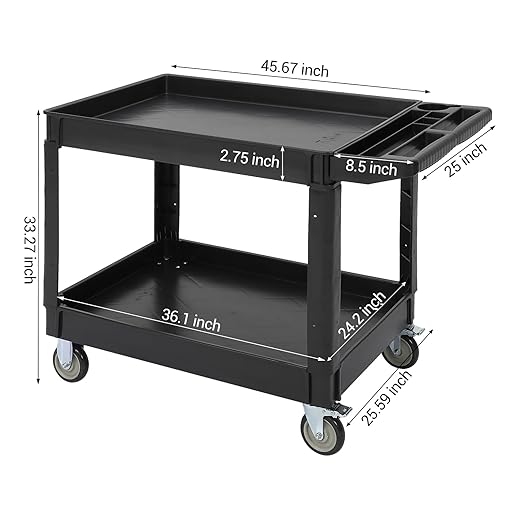 Utility Cart on Wheels, 500 lbs Capacity, 45 x 25 Inch Rolling Work Carts with Storage Handle, 2 Shelf Plastic Service Cart Suitable for Warehouse, Garage, School & Office, Cleaning, Black