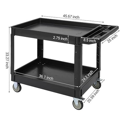 Utility Cart on Wheels, 500 lbs Capacity, 45 x 25 Inch Rolling Work Carts with Storage Handle, 2 Shelf Plastic Service Cart Suitable for Warehouse, Garage, School & Office, Cleaning, Black