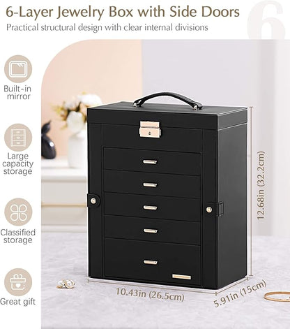 Homde Jewelry Box Large for Women: 6 Layers 5 Drawers Organizer with Mirror for Ring Earring Necklace - Storage Holder with Lock for Dresser (Black)
