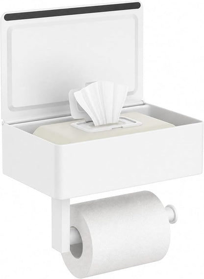 FORIOUS Toilet Paper Holder with Shelf, Sanitary Napkin Receptacle Tampon Holder, Wall Mount Toilet Paper Holder with Storage, Flushable Wipes Dispenser Fits for Bathroom Commercial(1, White)