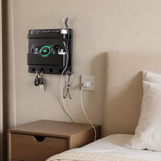 Bedside Wall Shelf with Glasses Hooks ，Adhesive Bedside Organizer Wall Mount for Dorm and Room Accessories Phone，Remote，Earphone， Kindle (Black)