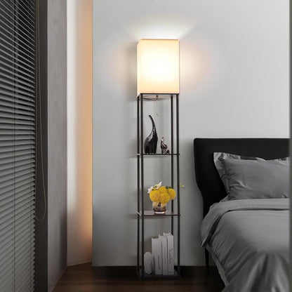 Gupuzm Floor Lamp with Shelves, Modern Square Standing Lamp with 3 Color Temperature Bulb, Corner Display Bookshelf Lamp for Living Room, Bedroom and Office (Black)