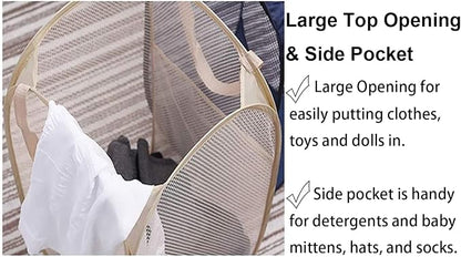 Larpur Popup Mesh Laundry Basket, Collapsible and Portable Clothes Washing Laundry Hamper with Reinforced Carry Handle (Beige)