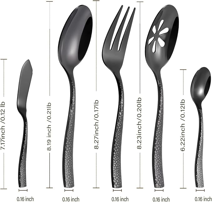 Kelenfer Silverware 65-Piece Black Hammered Flatware Set with Serving Utensils Stainless Steel Thick Handle Mirror Polished Cutlery Set for Wedding Hotel Restaurant, Service for 12