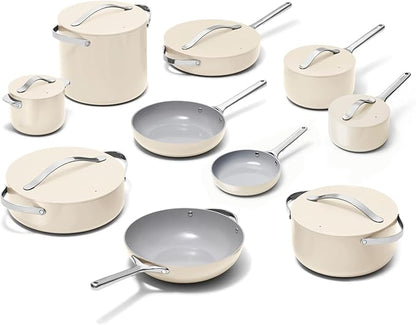 Caraway 24-Piece Nonstick Ceramic Cookware Set - Includes Fry Pans, Sauce, Sauté Pan, Dutch Oven, Petite Cooker, Stir Fry, Rondeau, Stock Pot, Lids & Storage Organizers - Cream