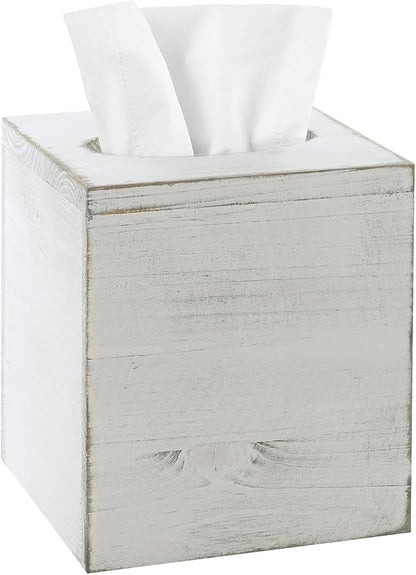 MyGift Vintage White Wood Tissue Box Cover Holder with Easy Refill Slide Out Bottom, Decorative Square Bathroom Facial Tissue Holder