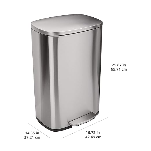 Amazon Basics Smudge Resistant Rectangular Trash Can with Soft-Close Lid, Foot Pedal, Removable Inner Bucket, 50 Liter/13.2 Gallon, Brushed Stainless Steel, Satin Nickel Finish