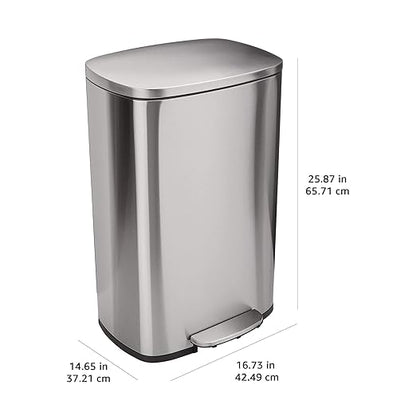 Amazon Basics Smudge Resistant Rectangular Trash Can with Soft-Close Lid, Foot Pedal, Removable Inner Bucket, 50 Liter/13.2 Gallon, Brushed Stainless Steel, Satin Nickel Finish
