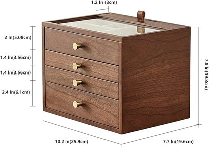 Black Walnut Wooden Jewelry Box for Women 4 Layer with Glass Lid and Pull-out Necklace Storage Layer Watch Necklace Ring Earring Storage,Christmas Gifts