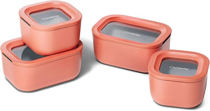 Caraway Mini Food Storage 9pc Set - Glass Storage Containers for Food - Non-Toxic Ceramic-Coated Glass - Air Release Technology - Compact & Stackable Design - Perracotta