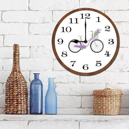 Purple Bicycle Wall Clock 10 Inch Wooden Battery Operated Autumn Forest Maple Leaves Wall Clocks Decorative Indoor,Decorative for Kitchen Bathroom Bedroom