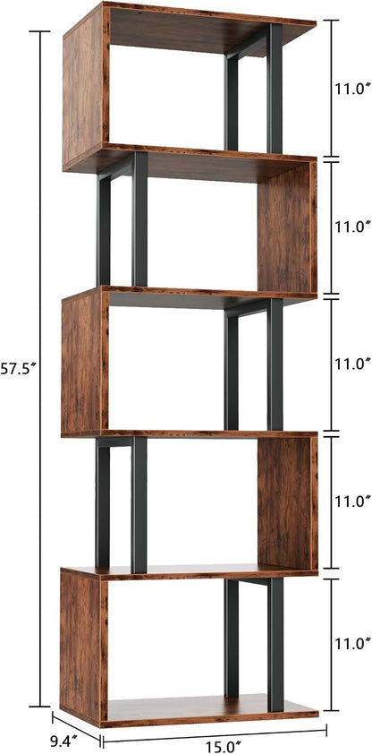 Furologee 6 Tier Bookshelf, Tall S Shaped Geometric Bookcase, Modern Display Shelf Standing Unit, Wood Metal Decorative Divider Rack for Living Room Bedroom Office, Rustic Brown