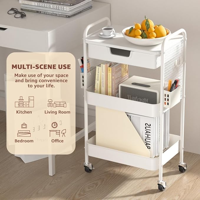 HIDODO 3 Tier Rolling Cart with Drawer, Metal Rolling Utility Cart on Wheels with Pegboard, Art Cart Storage Organizer with Tabletop for Living Room, Office, Bedroom (White)
