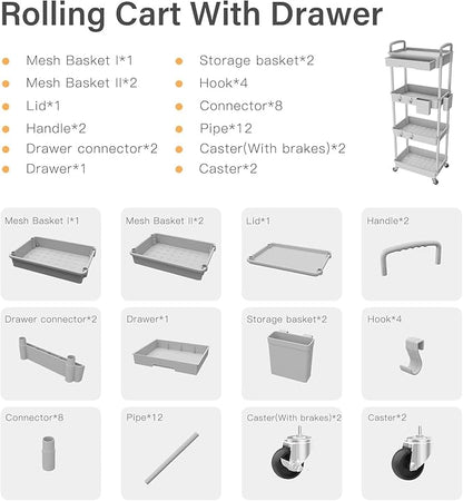 Sorgion 4 Tier Rolling Cart Organizer,Art Craft Diaper Bedside Snack Laundry Room Bathroom Organizer Narrow Thin Slim Rolling Trolley Utility Cart with Wheels for Kitchen,Office(Grey)