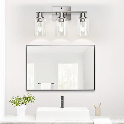 3-Light Bathroom Light Fixtures, Vanity Light with Clear Glass Shades, Brushed Nickel Bathroom Light Fixtures Over Mirror, Modern Bathroom Wall Lamp for Mirror Living Room Cabinet Bedroom